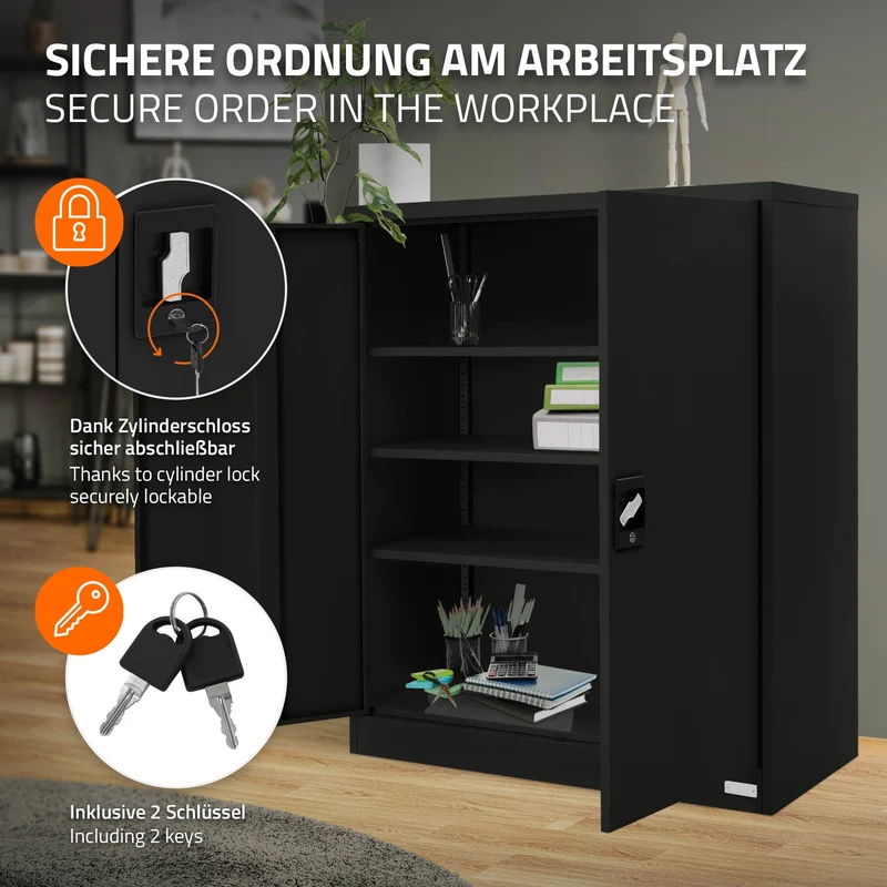 Aktenschrank abschließbar 90x40x109 cm Schwarz aus Stahl ML-Design