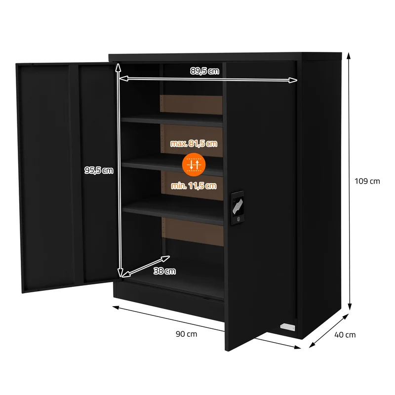 Aktenschrank abschließbar 90x40x109 cm Schwarz aus Stahl ML-Design