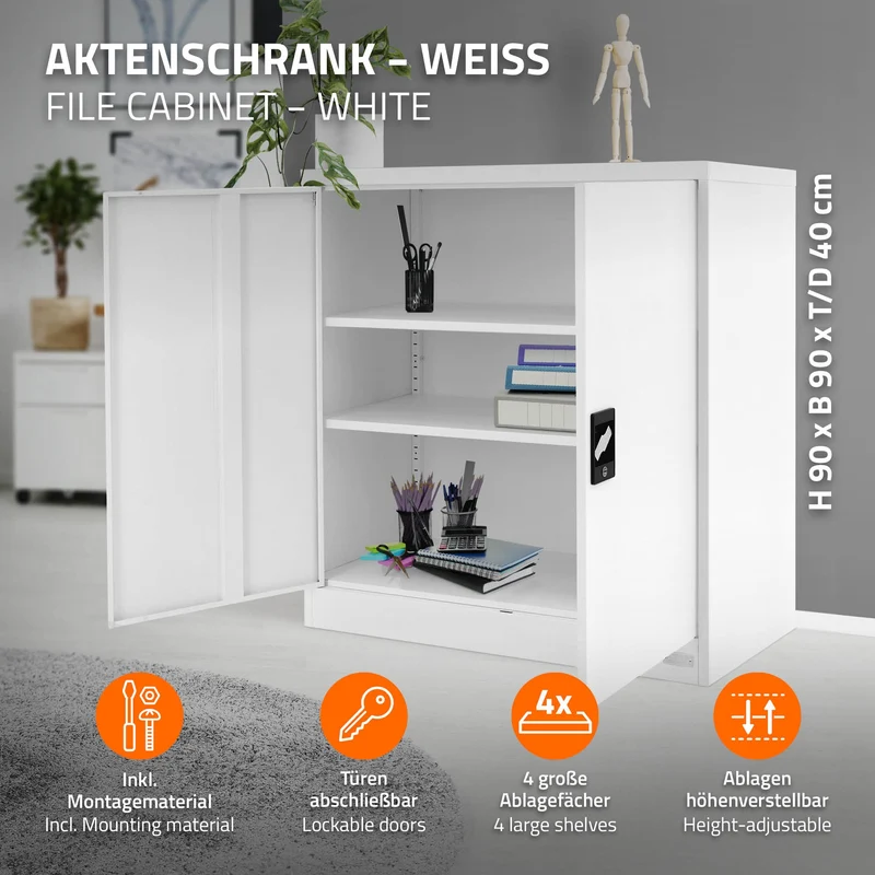 Aktenschrank abschließbar 90x40x90 cm Weiß aus Stahl ML-Design