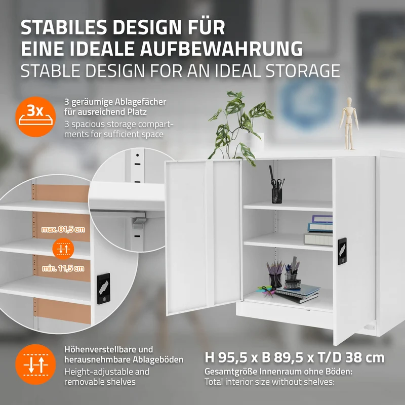 Aktenschrank abschließbar 90x40x90 cm Weiß aus Stahl ML-Design
