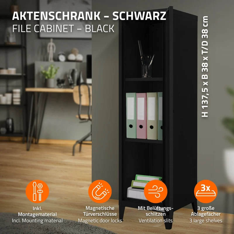 Aktenschrank Spindschrank 1-türig 38x38x137,5 cm Schwarz aus Stahl ML-Design