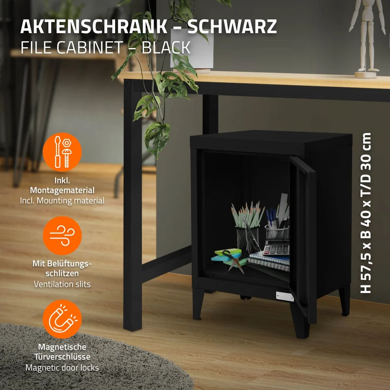 Aktenschrank Büroschrank Industrial 40x30x57,5 cm Schwarz aus Stahl ML-Design