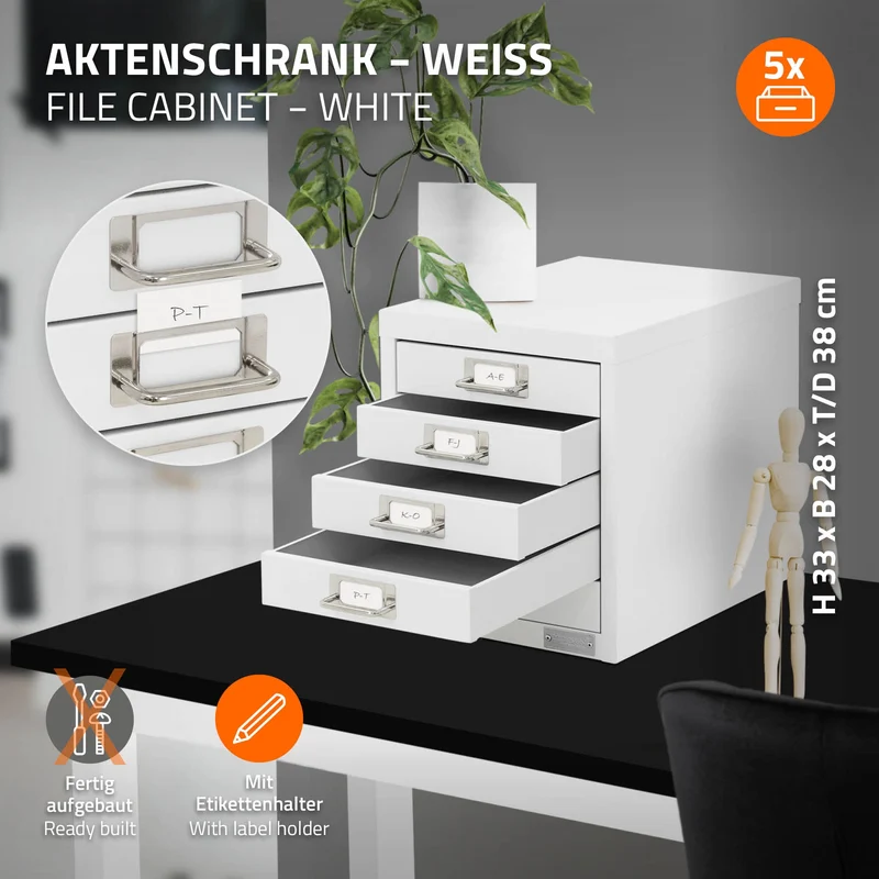 Aktenschrank mit 5 Schubladen 28x38x33 cm Weiß aus Metall ML-Design