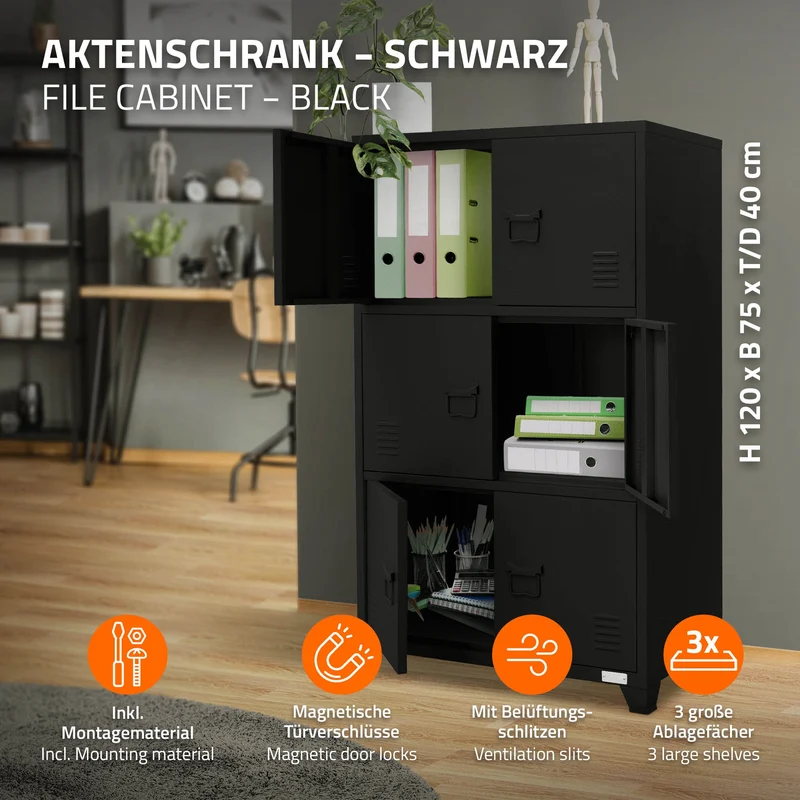 Büroschrank mit drei Ebenen Magnetverschluss 75x40x120 cm Schwarz aus Stahl ML-Design