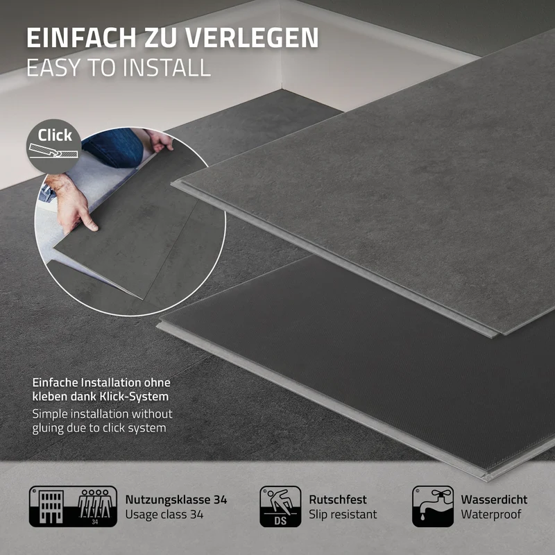 ML-DESIGN | Vinylboden Klick 10 Stück Klicksystem mit Belastungsklasse 34, 61 x 30,5 cm x 4,2 mm 1,86m² PVC Grau Zement Dunkel Bodenbelag Betonoptik