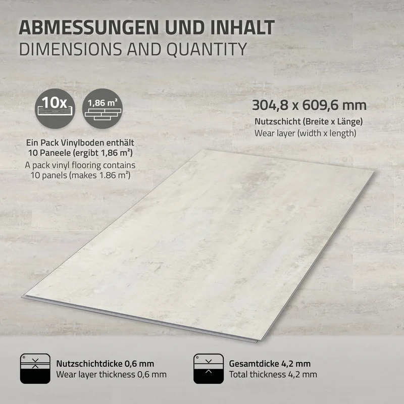 ML-DESIGN | Vinylboden Klick 40 Stück Klicksystem mit Belastungsklasse 34, 61 x 30,5 cm x 4,2 mm 7,44m² PVC Grau Zement Hell Bodenbelag Betonoptik