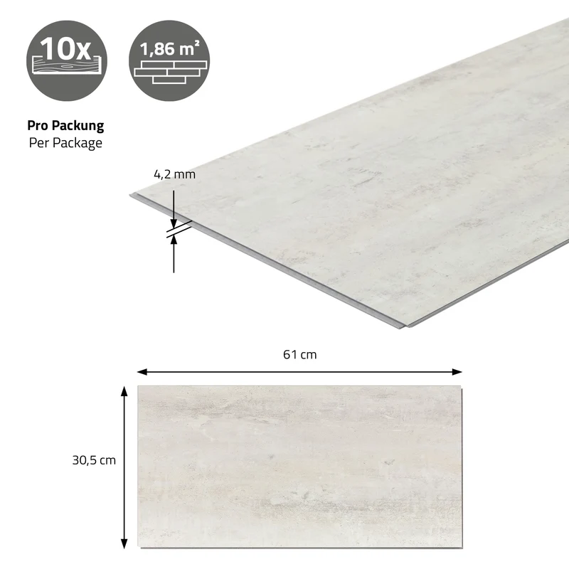 ML-DESIGN | Vinylboden Klick 40 Stück Klicksystem mit Belastungsklasse 34, 61 x 30,5 cm x 4,2 mm 7,44m² PVC Grau Zement Hell Bodenbelag Betonoptik