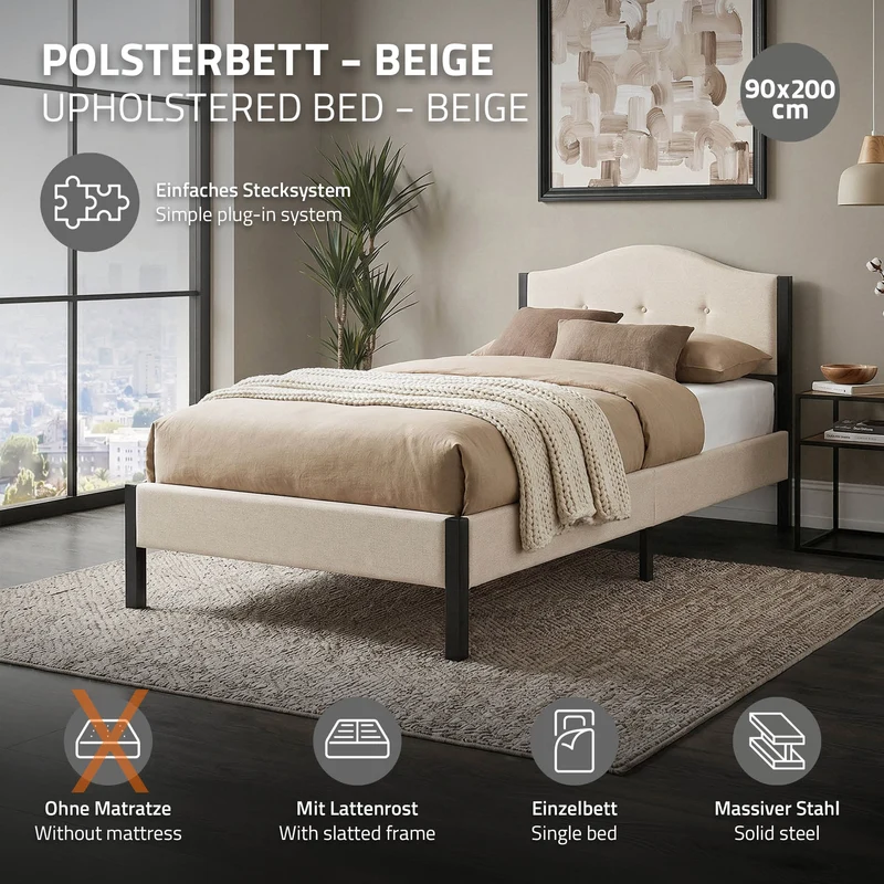 Polsterbett 90x200 cm, Beige, Einzelbett mit stabilem Bettgestell, Bett mit gepolstertes Kopfteil & Lattenrost, Jugendbett ML-Design