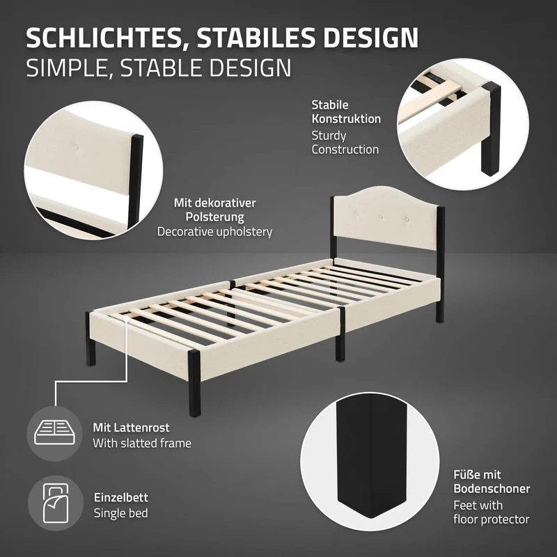 Polsterbett 90x200 cm, Beige, Einzelbett mit stabilem Bettgestell, Bett mit gepolstertes Kopfteil & Lattenrost, Jugendbett ML-Design