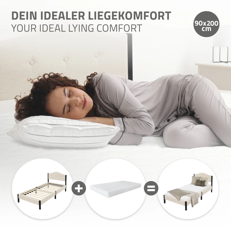 Polsterbett 90x200 cm, Beige, Einzelbett mit stabilem Bettgestell, Bett mit gepolstertes Kopfteil & Lattenrost, Jugendbett ML-Design