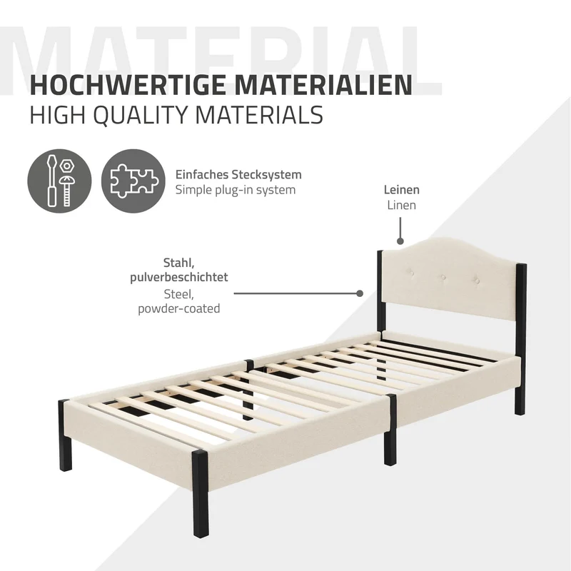 Polsterbett 90x200 cm, Beige, Einzelbett mit stabilem Bettgestell, Bett mit gepolstertes Kopfteil & Lattenrost, Jugendbett ML-Design