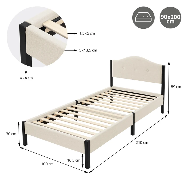 Polsterbett 90x200 cm, Beige, Einzelbett mit stabilem Bettgestell, Bett mit gepolstertes Kopfteil & Lattenrost, Jugendbett ML-Design