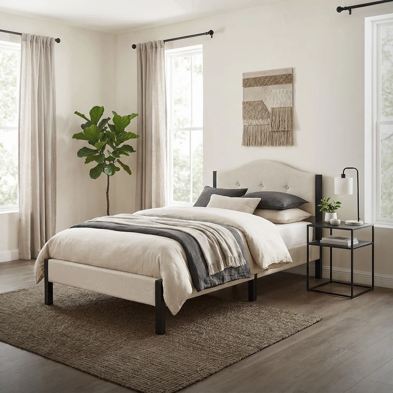 Polsterbett 90x200 cm, Beige, Einzelbett mit stabilem Bettgestell, Bett mit gepolstertes Kopfteil & Lattenrost, Jugendbett ML-Design