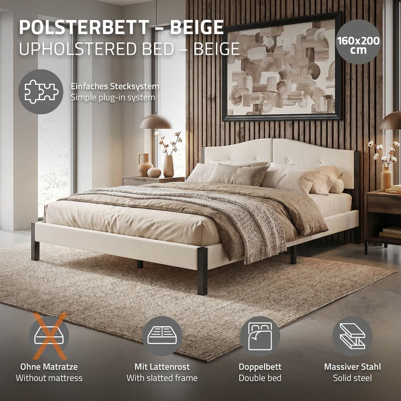 Polsterbett 160x200 cm, Beige, Doppelbett mit stabilem Bettgestell, Bett mit gepolstertes Kopfteil & Lattenrost, Jugendbett ML-Design