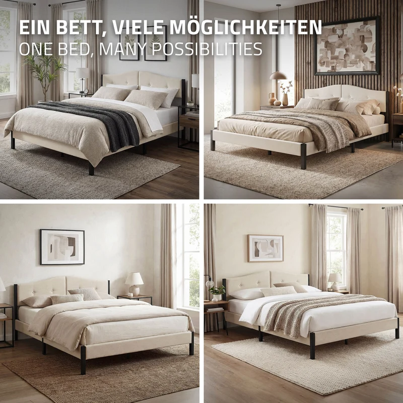 Polsterbett 160x200 cm, Beige, Doppelbett mit stabilem Bettgestell, Bett mit gepolstertes Kopfteil & Lattenrost, Jugendbett ML-Design