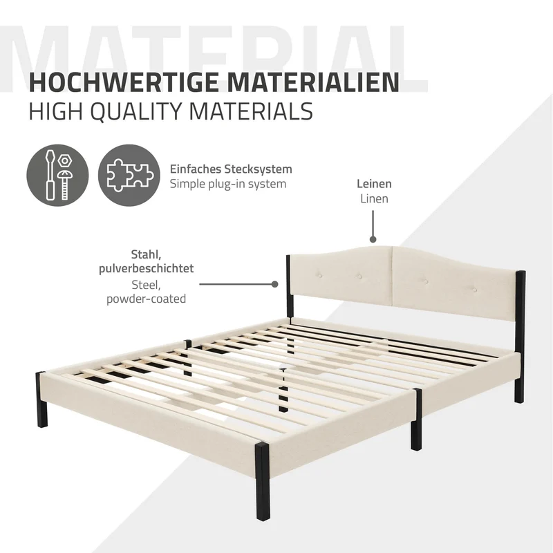 Polsterbett 160x200 cm, Beige, Doppelbett mit stabilem Bettgestell, Bett mit gepolstertes Kopfteil & Lattenrost, Jugendbett ML-Design