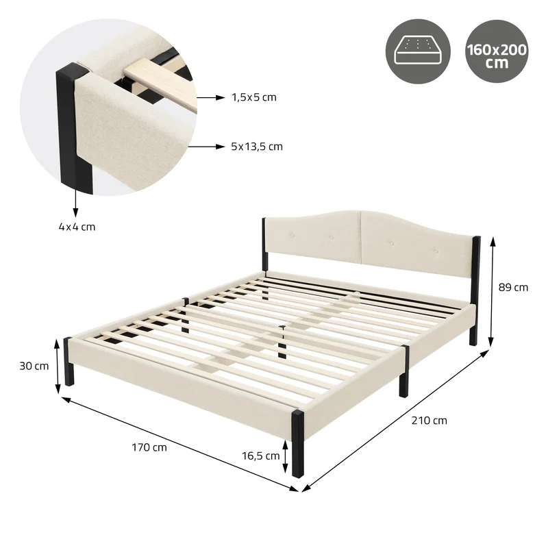 Polsterbett 160x200 cm, Beige, Doppelbett mit stabilem Bettgestell, Bett mit gepolstertes Kopfteil & Lattenrost, Jugendbett ML-Design