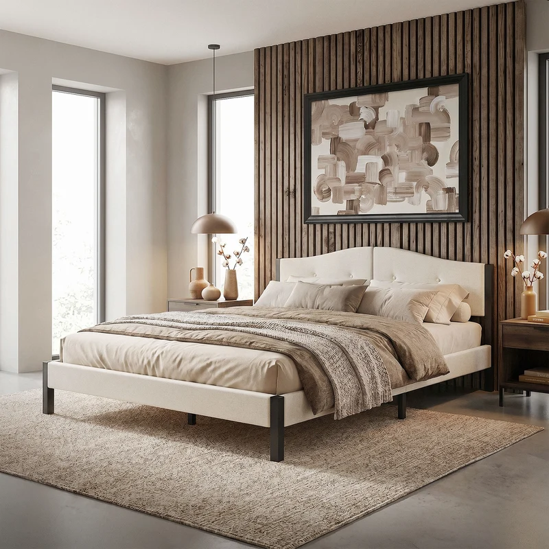 Polsterbett 160x200 cm, Beige, Doppelbett mit stabilem Bettgestell, Bett mit gepolstertes Kopfteil & Lattenrost, Jugendbett ML-Design