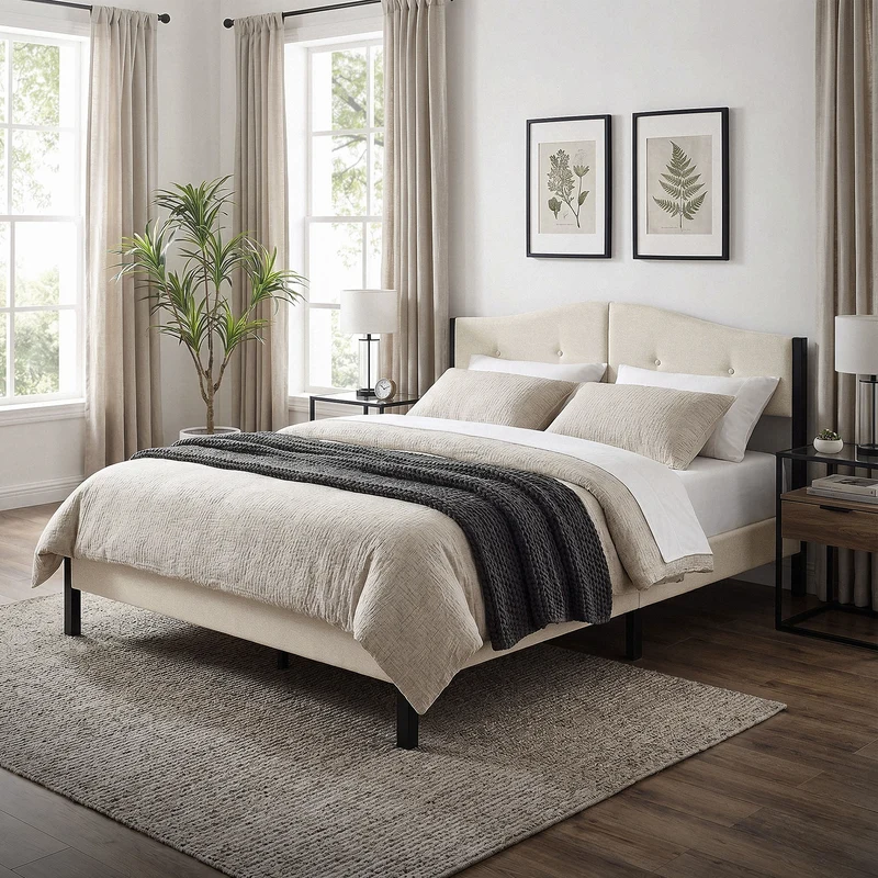 Polsterbett 160x200 cm, Beige, Doppelbett mit stabilem Bettgestell, Bett mit gepolstertes Kopfteil & Lattenrost, Jugendbett ML-Design