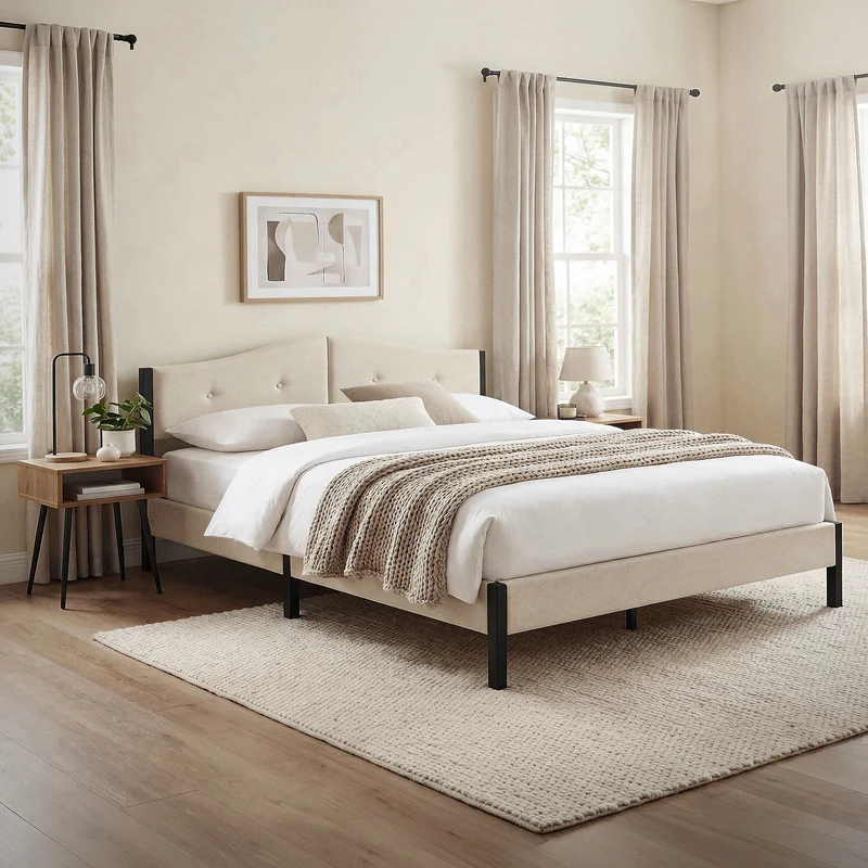 Polsterbett 160x200 cm, Beige, Doppelbett mit stabilem Bettgestell, Bett mit gepolstertes Kopfteil & Lattenrost, Jugendbett ML-Design
