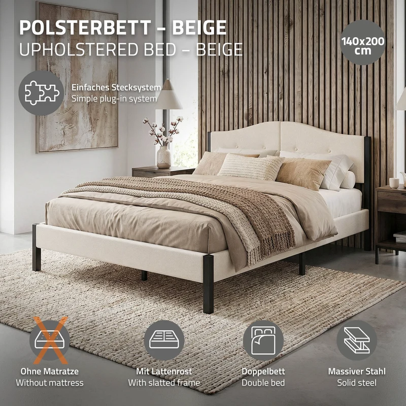 Polsterbett 140x200 cm, Beige, Doppelbett mit stabilem Bettgestell, Bett mit gepolstertes Kopfteil & Lattenrost, Jugendbett ML-Design