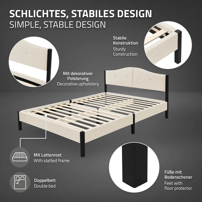 Polsterbett 140x200 cm, Beige, Doppelbett mit stabilem Bettgestell, Bett mit gepolstertes Kopfteil & Lattenrost, Jugendbett ML-Design