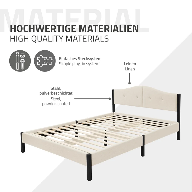 Polsterbett 140x200 cm, Beige, Doppelbett mit stabilem Bettgestell, Bett mit gepolstertes Kopfteil & Lattenrost, Jugendbett ML-Design
