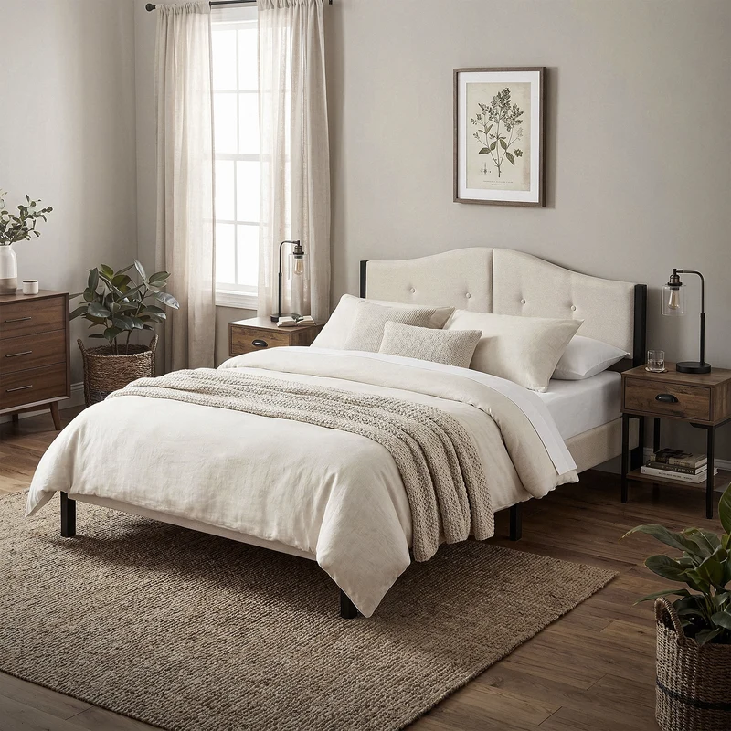 Polsterbett 140x200 cm, Beige, Doppelbett mit stabilem Bettgestell, Bett mit gepolstertes Kopfteil & Lattenrost, Jugendbett ML-Design