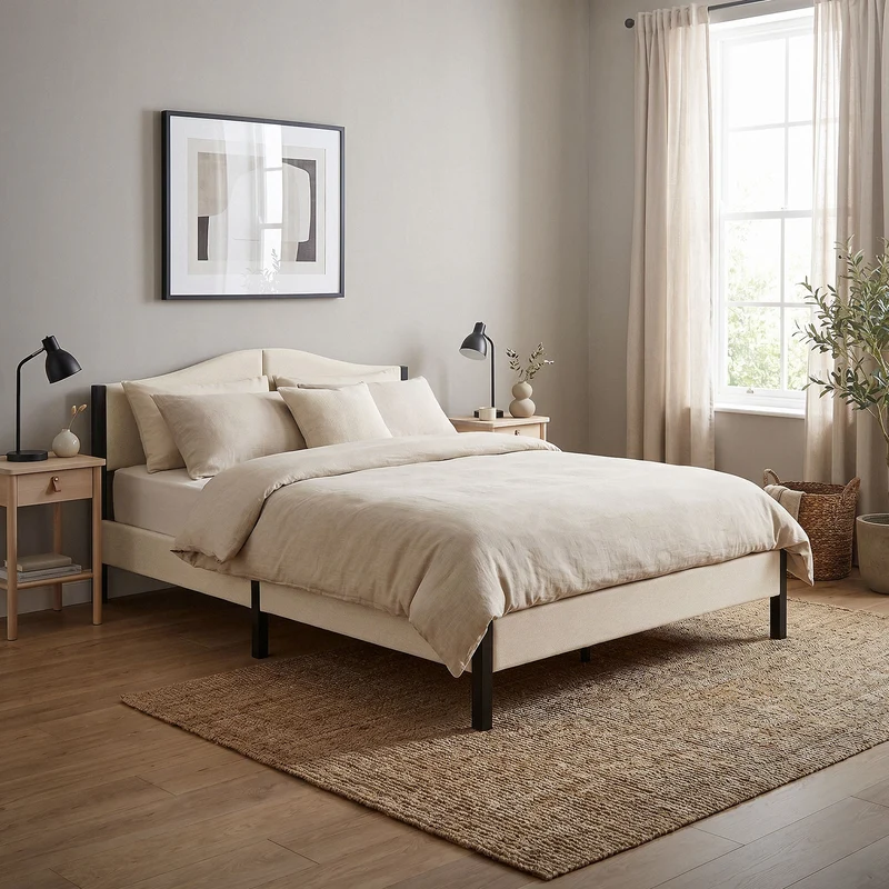 Polsterbett 140x200 cm, Beige, Doppelbett mit stabilem Bettgestell, Bett mit gepolstertes Kopfteil & Lattenrost, Jugendbett ML-Design