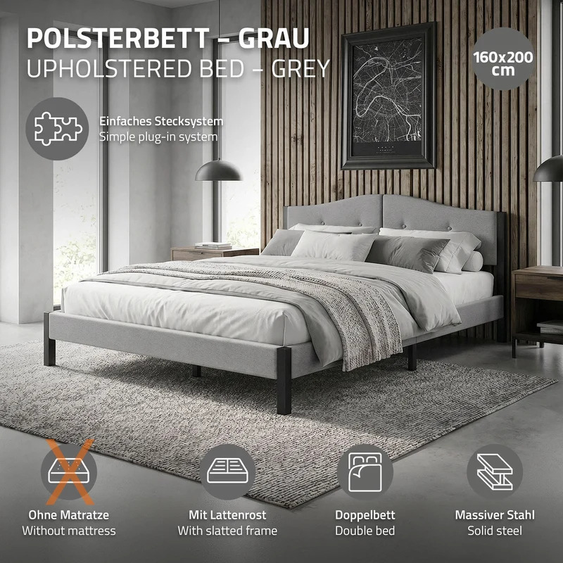 Polsterbett 160x200 cm, Grau, Doppelbett mit stabilem Bettgestell, Bett mit gepolstertes Kopfteil & Lattenrost, Jugendbett ML-Design