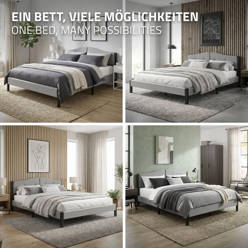 Polsterbett 160x200 cm, Grau, Doppelbett mit stabilem Bettgestell, Bett mit gepolstertes Kopfteil & Lattenrost, Jugendbett ML-Design