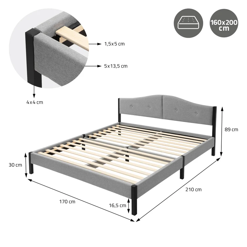 Polsterbett 160x200 cm, Grau, Doppelbett mit stabilem Bettgestell, Bett mit gepolstertes Kopfteil & Lattenrost, Jugendbett ML-Design