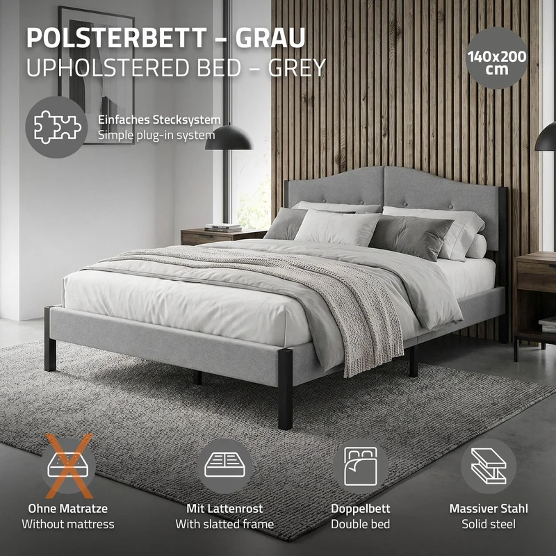 Polsterbett 140x200 cm, Grau, Doppelbett mit stabilem Bettgestell, Bett mit gepolstertes Kopfteil & Lattenrost, Jugendbett ML-Design