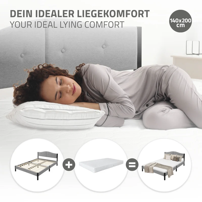 Polsterbett 140x200 cm, Grau, Doppelbett mit stabilem Bettgestell, Bett mit gepolstertes Kopfteil & Lattenrost, Jugendbett ML-Design