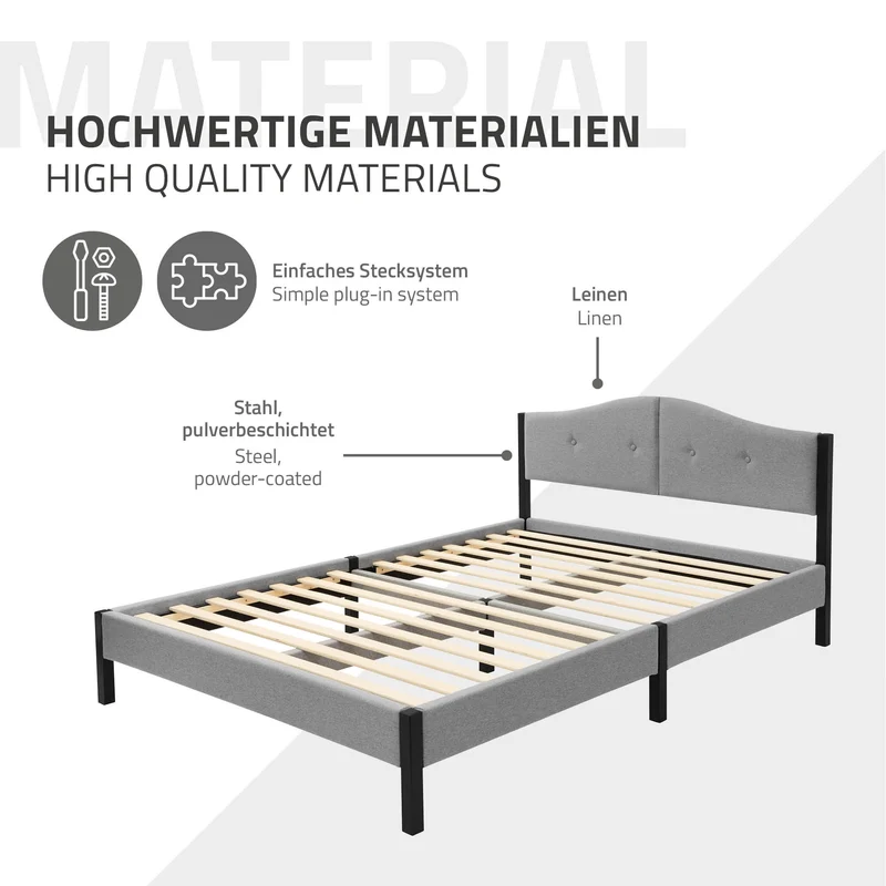 Polsterbett 140x200 cm, Grau, Doppelbett mit stabilem Bettgestell, Bett mit gepolstertes Kopfteil & Lattenrost, Jugendbett ML-Design
