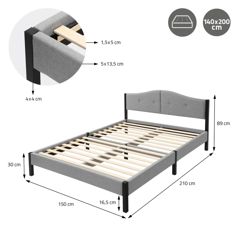Polsterbett 140x200 cm, Grau, Doppelbett mit stabilem Bettgestell, Bett mit gepolstertes Kopfteil & Lattenrost, Jugendbett ML-Design
