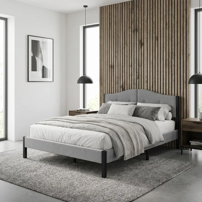 Polsterbett 140x200 cm, Grau, Doppelbett mit stabilem Bettgestell, Bett mit gepolstertes Kopfteil & Lattenrost, Jugendbett ML-Design