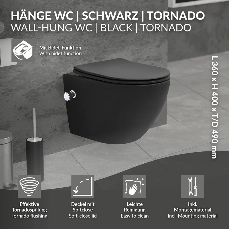 Wand-WC Hänge Toilette aus Keramik Matt Schwarz 49 cm kurz Spülrandlos mit Bidet & Softclose Luxebath