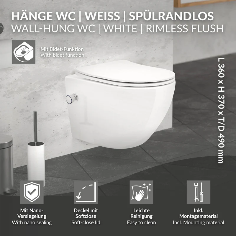 Wand-WC Hänge Toilette aus Keramik 49 cm kurz Spülrandlos mit Bidet, Nanoversiegelung & Softclose Luxebath