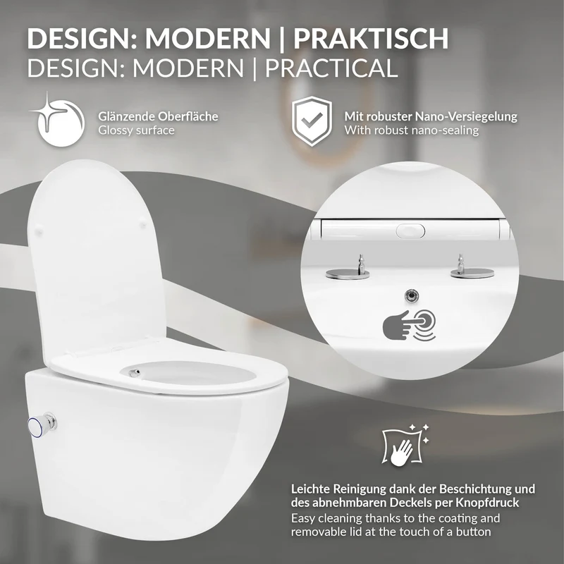 Wand-WC Hänge Toilette aus Keramik 49 cm kurz Spülrandlos mit Bidet, Nanoversiegelung & Softclose Luxebath