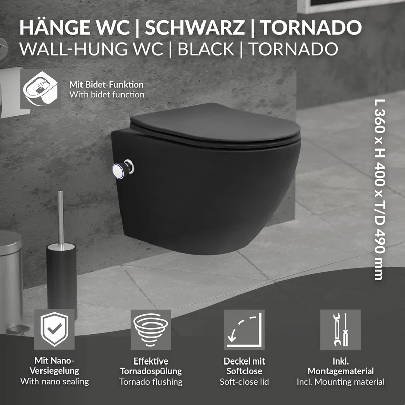 Wand-WC Hänge Toilette aus Keramik Matt Schwarz 49 cm kurz Spülrandlos mit Bidet, Nanoversiegelung & Softclose Luxebath