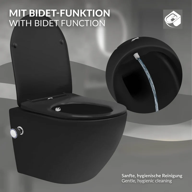 Wand-WC Hänge Toilette aus Keramik Matt Schwarz 49 cm kurz Spülrandlos mit Bidet, Nanoversiegelung & Softclose Luxebath