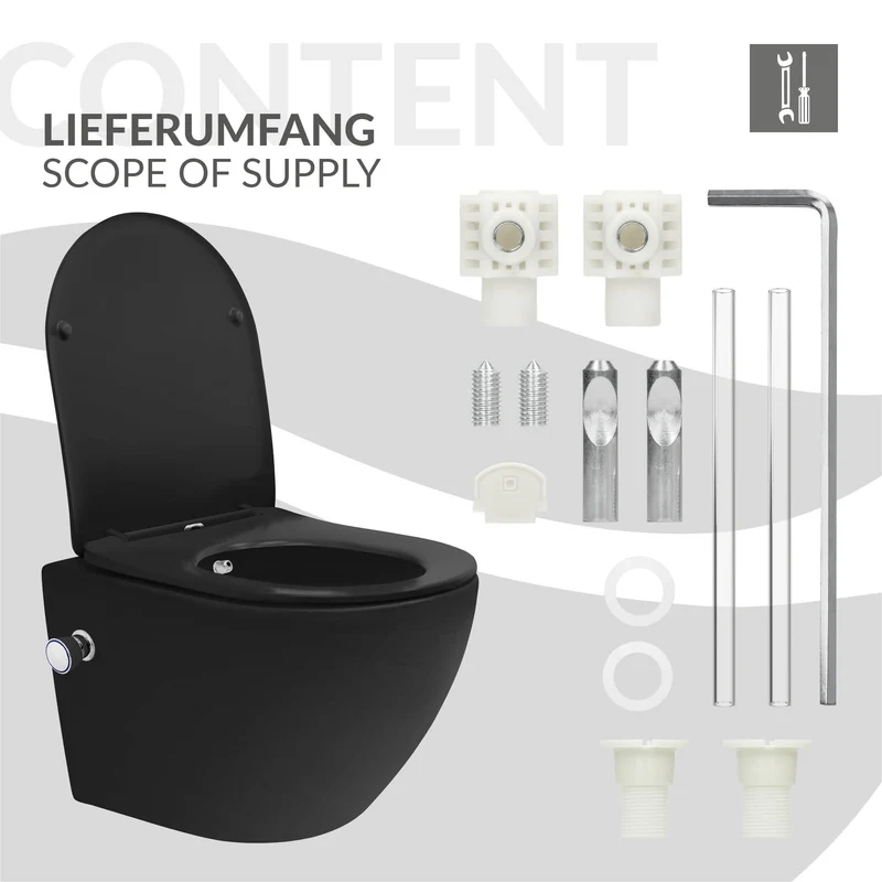 Wand-WC Hänge Toilette aus Keramik Matt Schwarz 49 cm kurz Spülrandlos mit Bidet, Nanoversiegelung & Softclose Luxebath