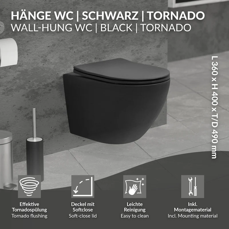 Wand-WC Hänge Toilette aus Keramik Matt Schwarz 49 cm kurz Spülrandlos mit Softclose Luxebath