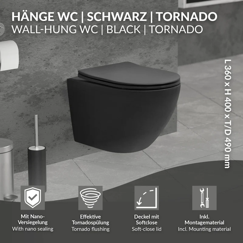 Wand-WC Hänge Toilette aus Keramik Matt Schwarz 49 cm kurz Spülrandlos mit Nanoversiegelung & Softclose Luxebath