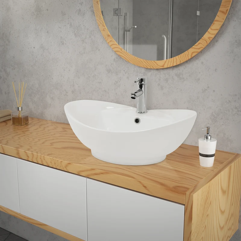 Waschbecken Oval mit Überlauf 59x39,5x20,5 cm Weiß aus Keramik LuxeBath