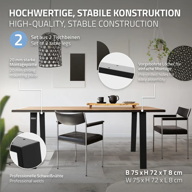 B-Ware Tischbeine 2er Set 75x72 cm Schwarz matt aus Stahl ML-Design