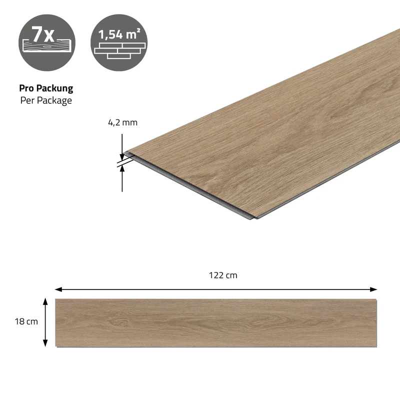2er Set PVC Vinylboden Bodenbelag 7 Dielen 4,2mm für 1,54m² mit Klick-System Eiche Golden Hour ML-Design
