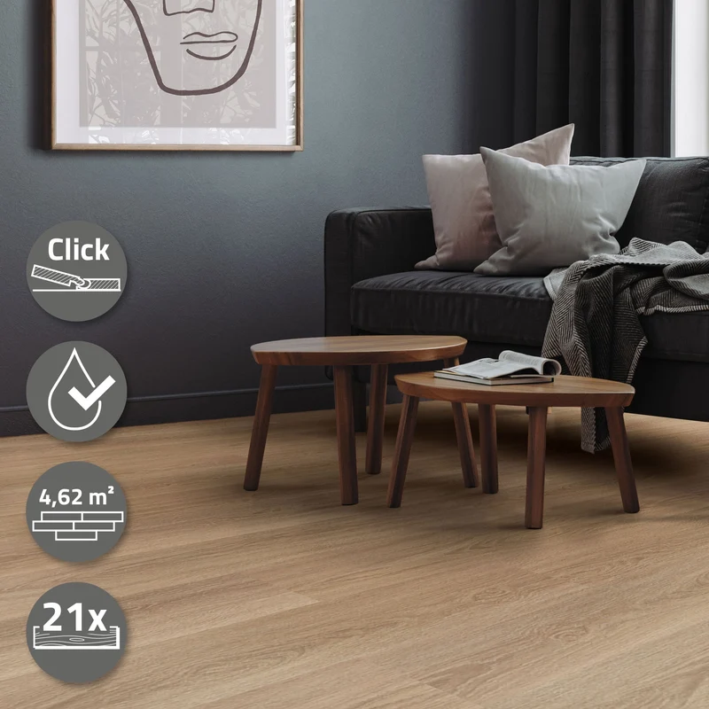 3er Set PVC Vinylboden Bodenbelag 7 Dielen 4,2mm für 1,54m² mit Klick-System Eiche Golden Hour ML-Design