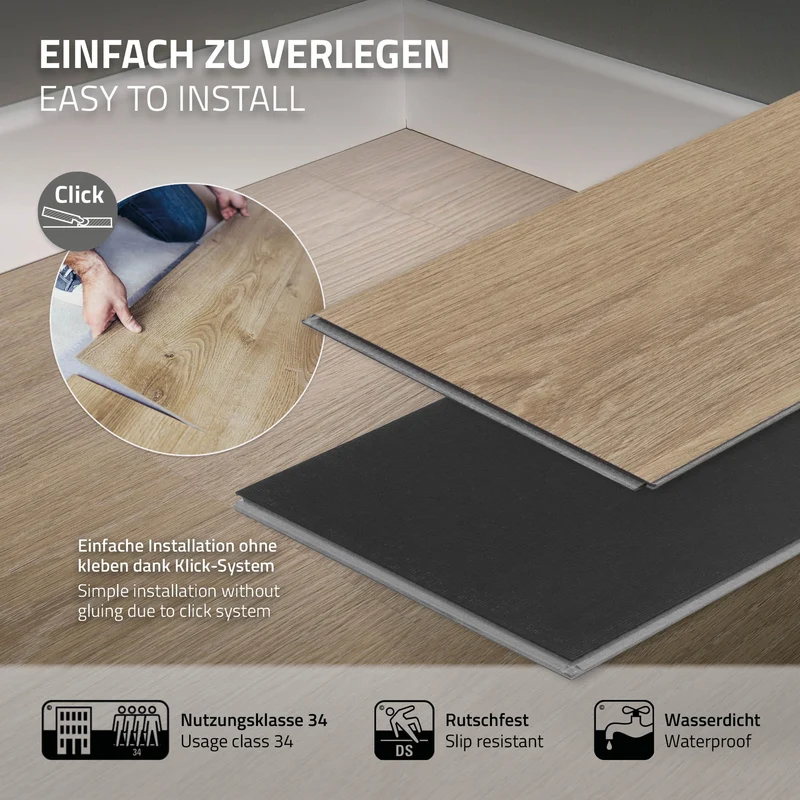 PVC Vinylboden Bodenbelag Set 7 Dielen 4,2mm für 1,54m² mit Klick-System Eiche Golden Hour ML-Design